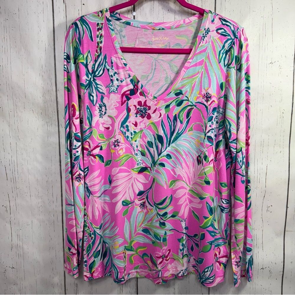 Lilly Pulitzer Pink Tropical Floral Stretch V Neck Long Sleeve Top M Preppy